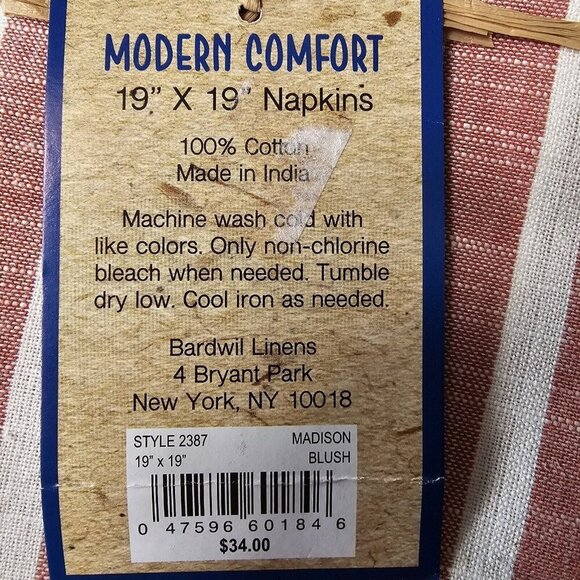 Bardwil Madison Stripe White And Blush Napkins Set Of 4 NIP - Picture 6 of 6